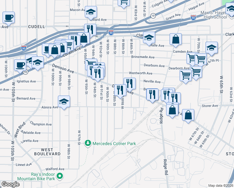 map of restaurants, bars, coffee shops, grocery stores, and more near 3332 West 86th Street in Cleveland