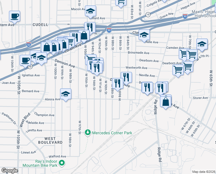 map of restaurants, bars, coffee shops, grocery stores, and more near 3321 West 90th Street in Cleveland