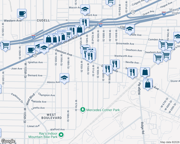 map of restaurants, bars, coffee shops, grocery stores, and more near 3336 West 91st Street in Cleveland