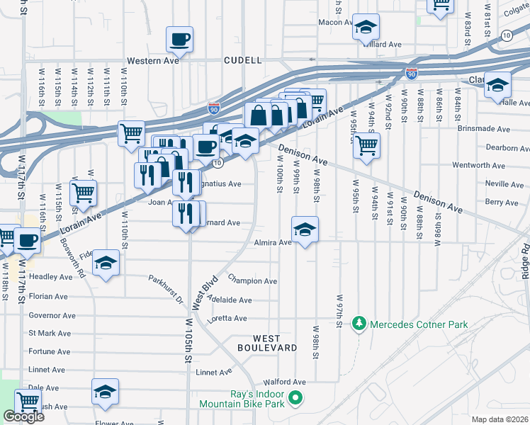 map of restaurants, bars, coffee shops, grocery stores, and more near 3295 West Boulevard in Cleveland