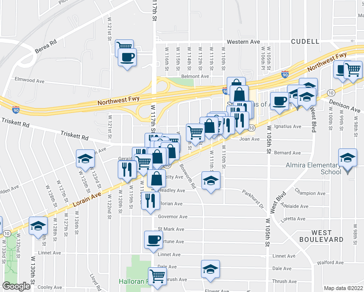 map of restaurants, bars, coffee shops, grocery stores, and more near 3291 West 115th Street in Cleveland