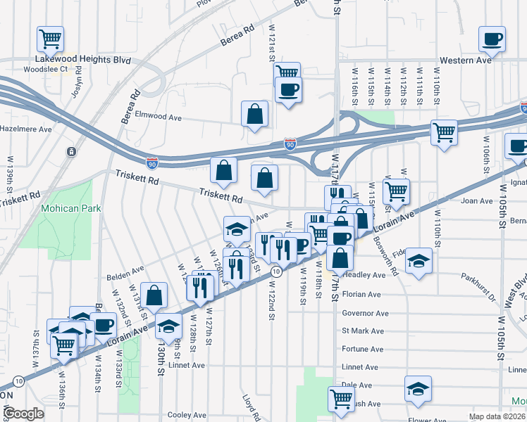 map of restaurants, bars, coffee shops, grocery stores, and more near 3288 West 122nd Street in Cleveland