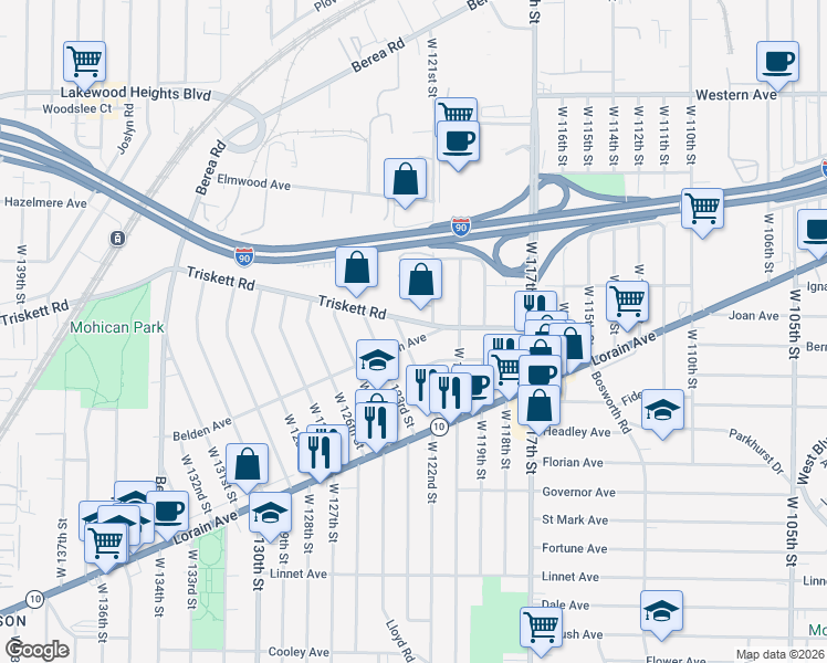 map of restaurants, bars, coffee shops, grocery stores, and more near 3288 West 122nd Street in Cleveland