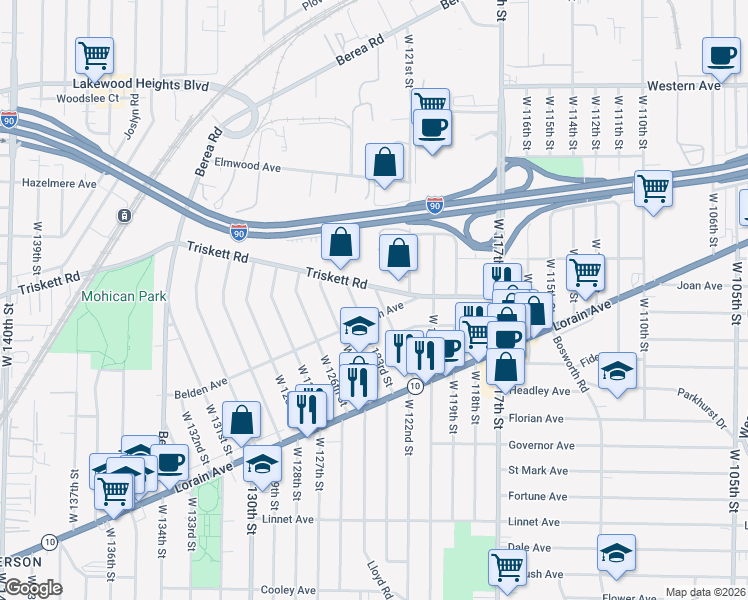 map of restaurants, bars, coffee shops, grocery stores, and more near 3288 West 122nd Street in Cleveland