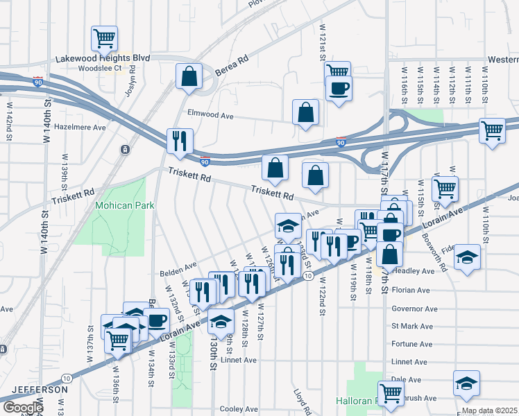 map of restaurants, bars, coffee shops, grocery stores, and more near 3291 West 126th Street in Cleveland