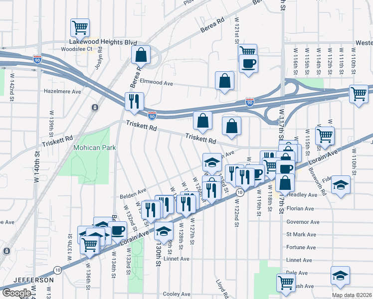map of restaurants, bars, coffee shops, grocery stores, and more near 3291 West 126th Street in Cleveland
