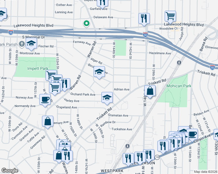 map of restaurants, bars, coffee shops, grocery stores, and more near 3296 West 144th Street in Cleveland