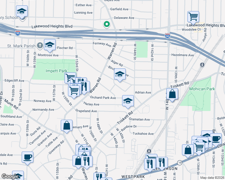 map of restaurants, bars, coffee shops, grocery stores, and more near 14622 Orchard Park Avenue in Cleveland