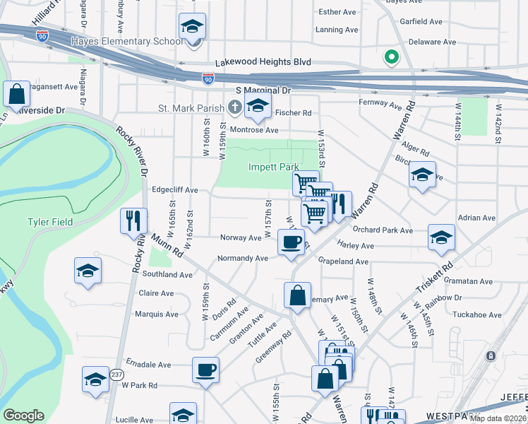 map of restaurants, bars, coffee shops, grocery stores, and more near 15721 Stillwood Avenue in Cleveland