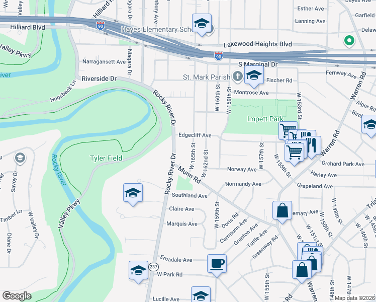 map of restaurants, bars, coffee shops, grocery stores, and more near 16528 Munn Terrace in Cleveland