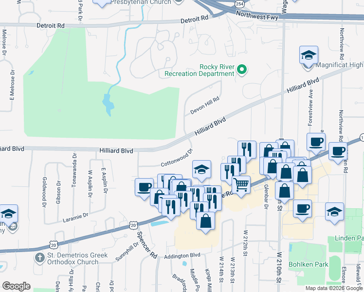 map of restaurants, bars, coffee shops, grocery stores, and more near 21684 Cottonwood Drive in Rocky River