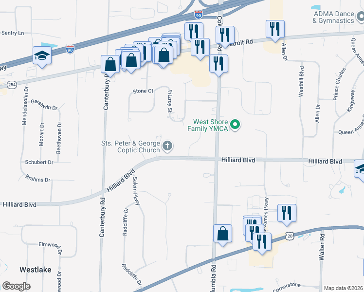 map of restaurants, bars, coffee shops, grocery stores, and more near 25680 Hilliard Boulevard in Westlake