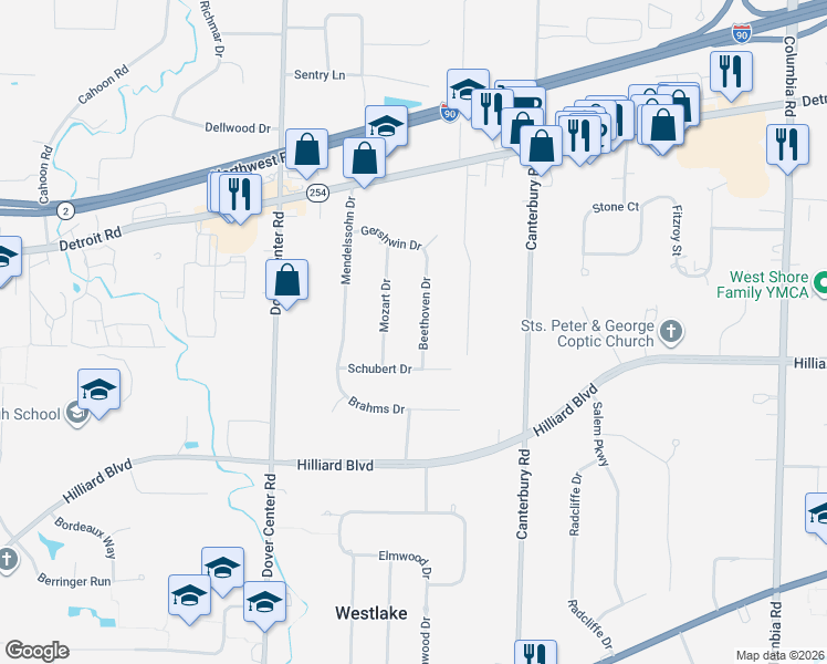 map of restaurants, bars, coffee shops, grocery stores, and more near 1644 Beethoven Drive in Westlake