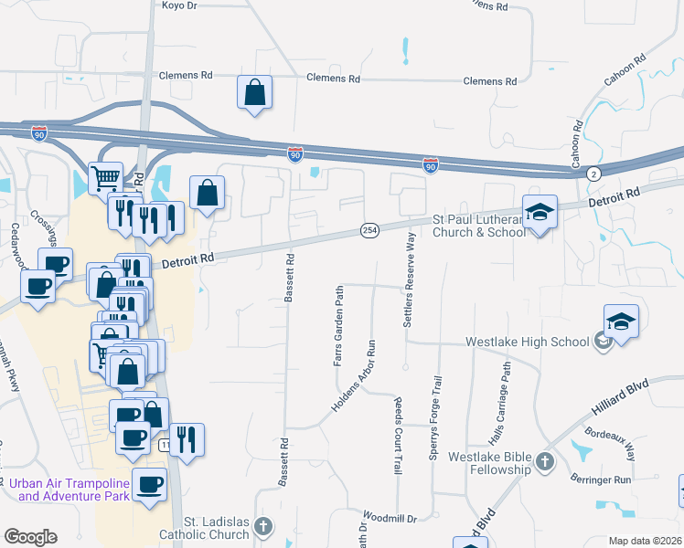 map of restaurants, bars, coffee shops, grocery stores, and more near 1724 Farrs Garden Path in Westlake