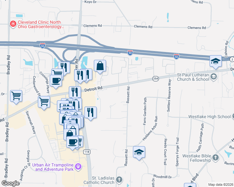 map of restaurants, bars, coffee shops, grocery stores, and more near 1710 Bassett Road in Westlake