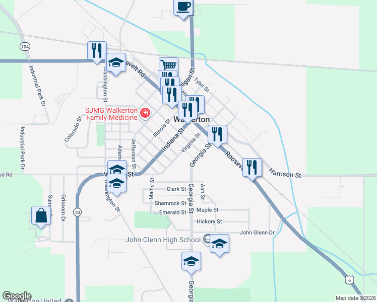 map of restaurants, bars, coffee shops, grocery stores, and more near 504 Georgia Street in Walkerton