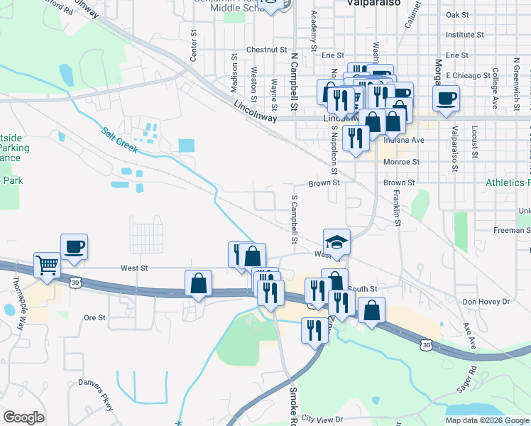 map of restaurants, bars, coffee shops, grocery stores, and more near 498 Daly Street in Valparaiso