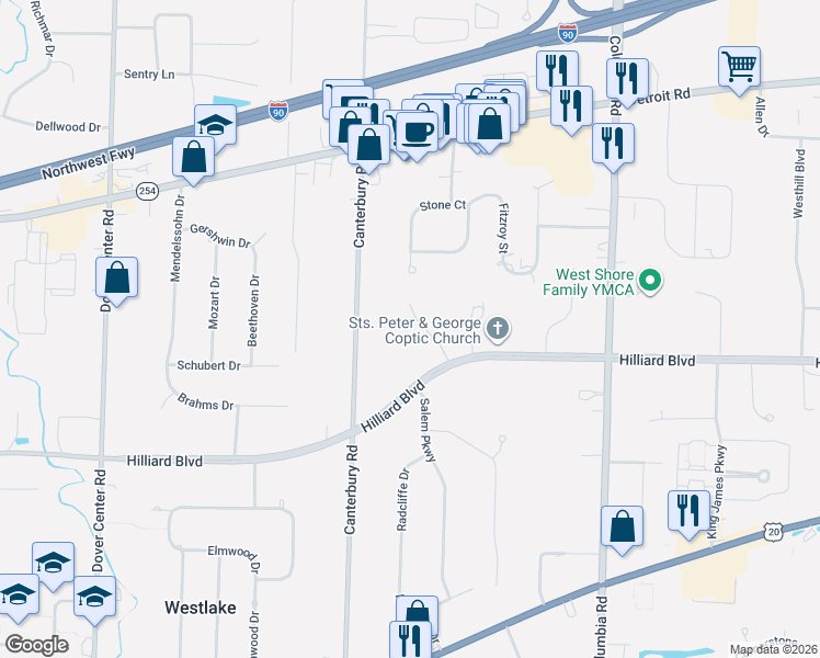 map of restaurants, bars, coffee shops, grocery stores, and more near 1622 Balmoral Way in Westlake