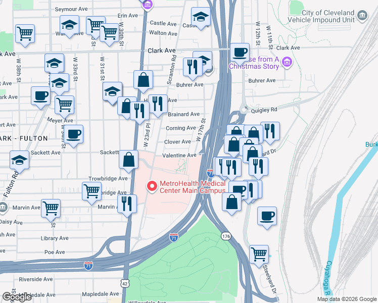 map of restaurants, bars, coffee shops, grocery stores, and more near 1803 Valentine Avenue in Cleveland