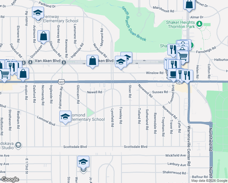 map of restaurants, bars, coffee shops, grocery stores, and more near 3554 Townley Road in Shaker Heights