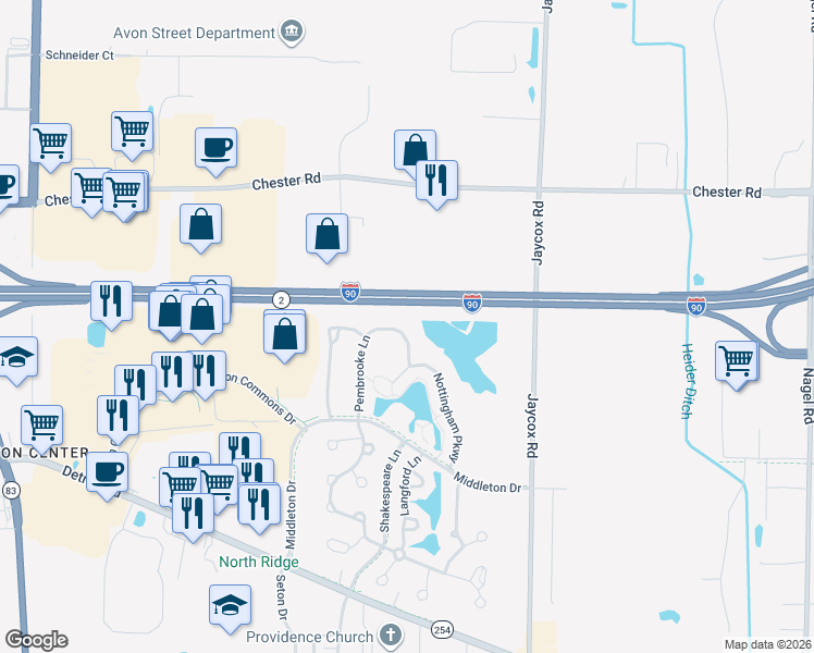 map of restaurants, bars, coffee shops, grocery stores, and more near 1903 Pembrooke Lane in Avon