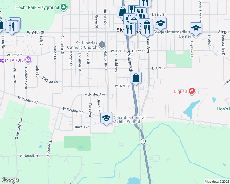map of restaurants, bars, coffee shops, grocery stores, and more near 54 McKinley Avenue in Steger
