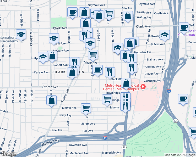 map of restaurants, bars, coffee shops, grocery stores, and more near 3328 West 33rd Street in Cleveland
