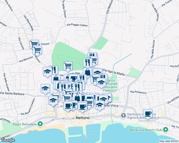 map of restaurants, bars, coffee shops, grocery stores, and more near 198A Via Santa Maria in Nettuno