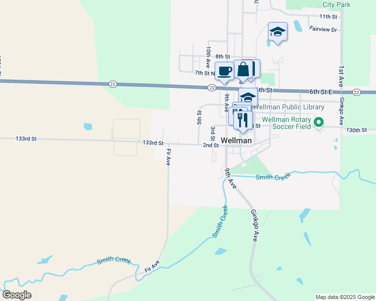 map of restaurants, bars, coffee shops, grocery stores, and more near 1105 2nd Street in Wellman