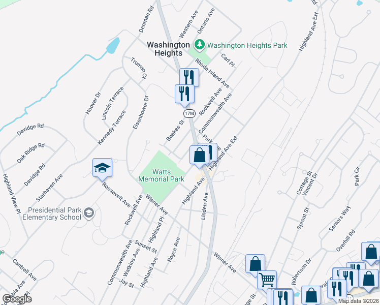 map of restaurants, bars, coffee shops, grocery stores, and more near 156 Watkins Avenue in Middletown