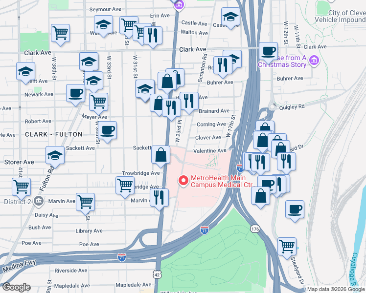 map of restaurants, bars, coffee shops, grocery stores, and more near in Cleveland