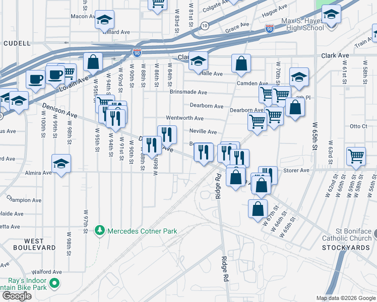 map of restaurants, bars, coffee shops, grocery stores, and more near in Cleveland