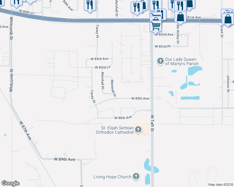 map of restaurants, bars, coffee shops, grocery stores, and more near 2599 West 85th Avenue in Merrillville