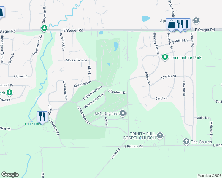 map of restaurants, bars, coffee shops, grocery stores, and more near 773 Aberdeen Drive in Crete
