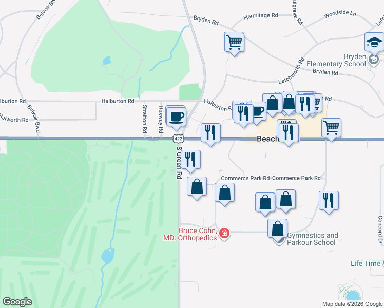 map of restaurants, bars, coffee shops, grocery stores, and more near 23220 Chagrin Boulevard in Beachwood