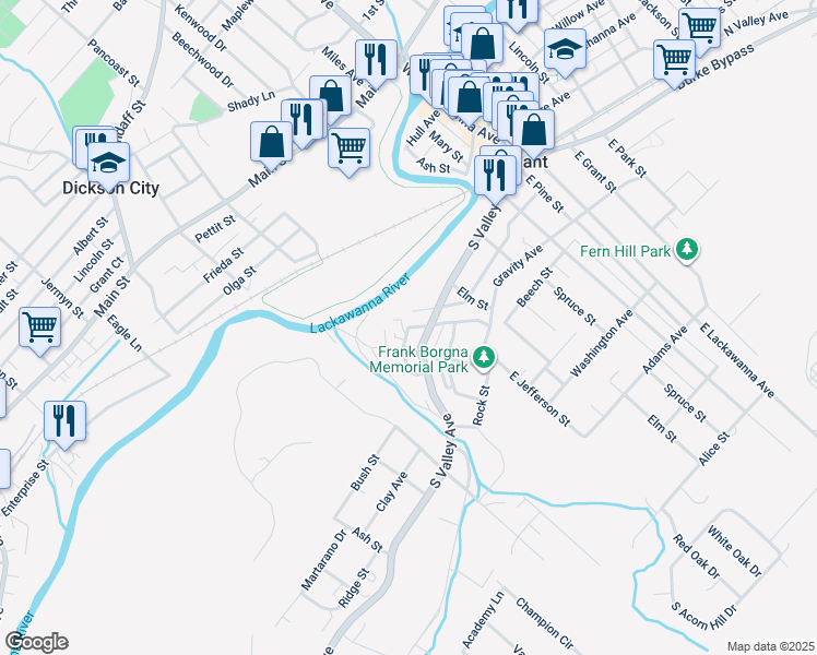 map of restaurants, bars, coffee shops, grocery stores, and more near Gavin Ave in Olyphant