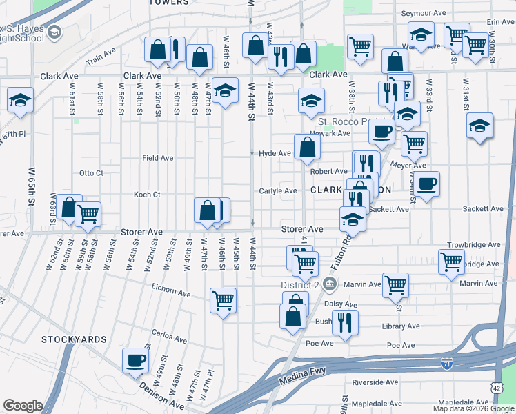 map of restaurants, bars, coffee shops, grocery stores, and more near 3342 West 43rd Street in Cleveland