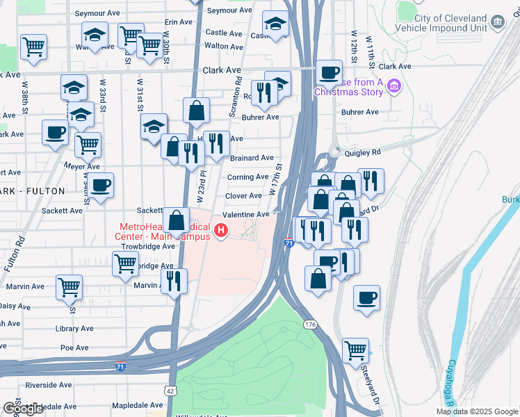 map of restaurants, bars, coffee shops, grocery stores, and more near 1803 Valentine Avenue in Cleveland