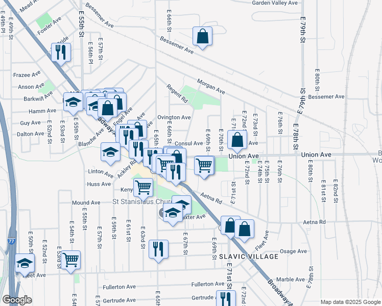 map of restaurants, bars, coffee shops, grocery stores, and more near 6701 Union Avenue in Cleveland