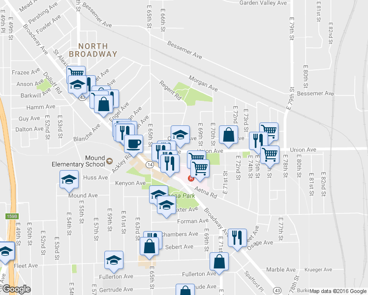 map of restaurants, bars, coffee shops, grocery stores, and more near 6701 Union Avenue in Cleveland