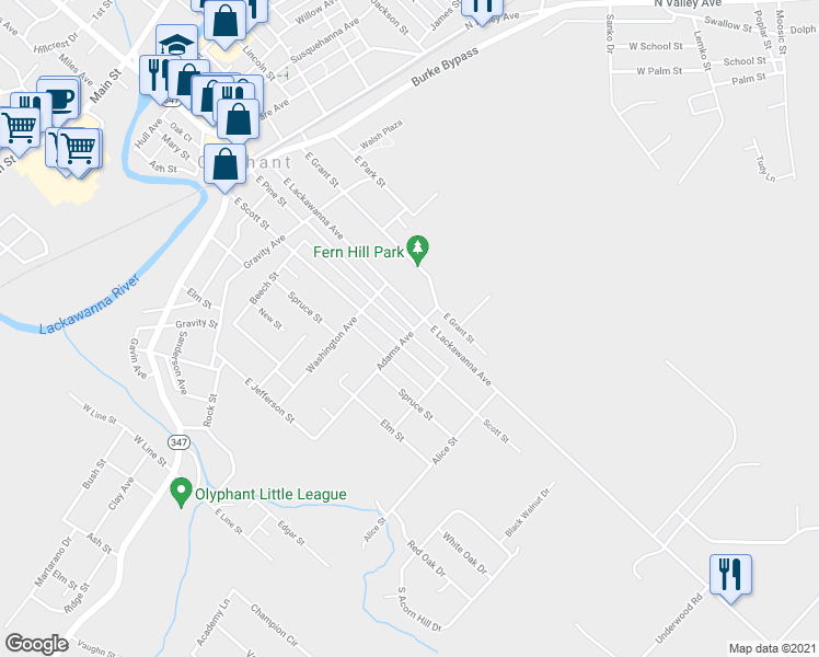 map of restaurants, bars, coffee shops, grocery stores, and more near 725 East Scott Street in Olyphant