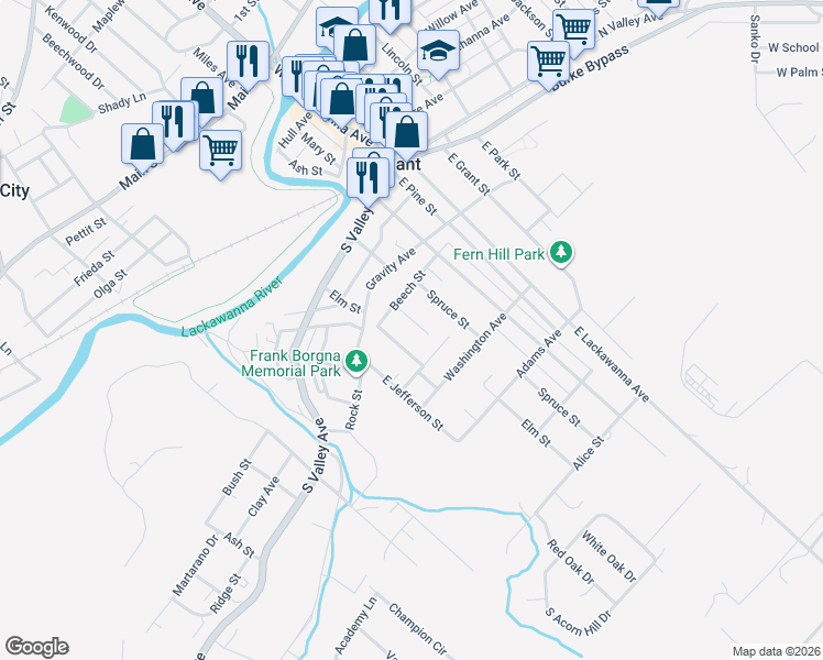 map of restaurants, bars, coffee shops, grocery stores, and more near 620 Elm Street in Olyphant