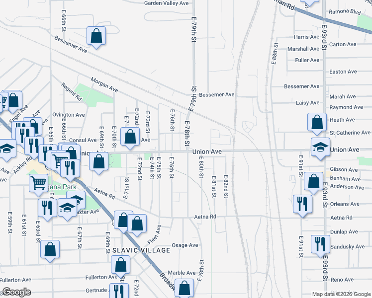 map of restaurants, bars, coffee shops, grocery stores, and more near 3515 East 78th Street in Cleveland