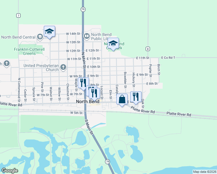 map of restaurants, bars, coffee shops, grocery stores, and more near in North Bend