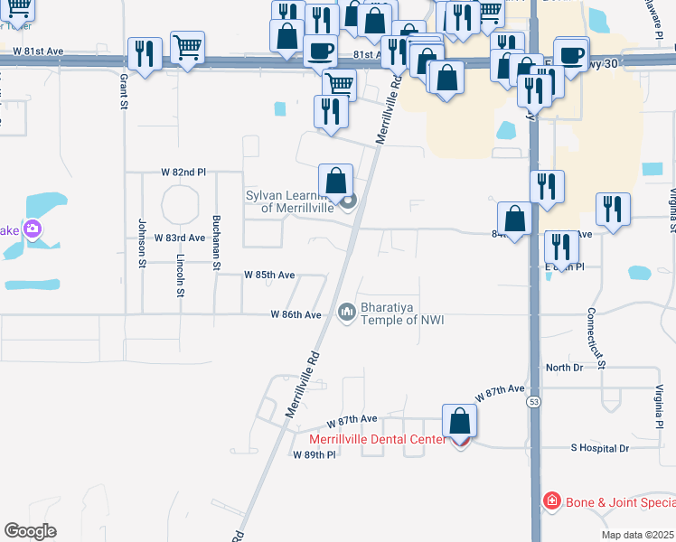map of restaurants, bars, coffee shops, grocery stores, and more near 8494 Merrillville Road in Merrillville
