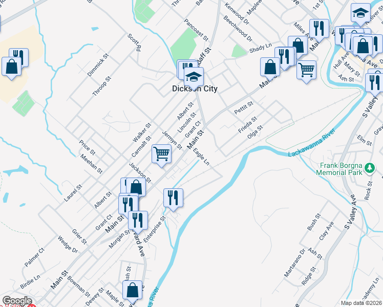 map of restaurants, bars, coffee shops, grocery stores, and more near 960 Main St in Dickson City
