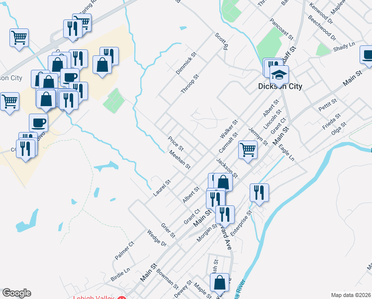 map of restaurants, bars, coffee shops, grocery stores, and more near in Dickson City