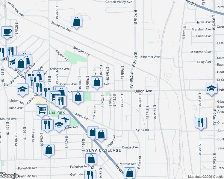 map of restaurants, bars, coffee shops, grocery stores, and more near 7410 Union Avenue in Cleveland
