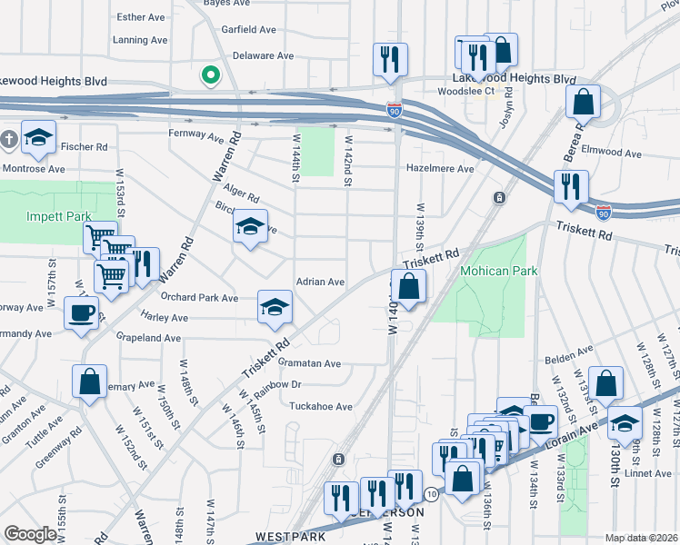 map of restaurants, bars, coffee shops, grocery stores, and more near 14158 Triskett Road in Cleveland