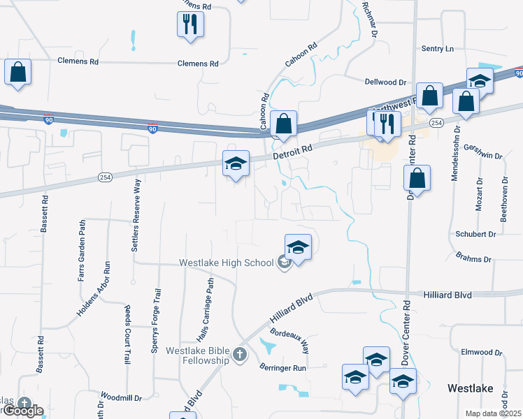 map of restaurants, bars, coffee shops, grocery stores, and more near 27843 Detroit Road in Westlake